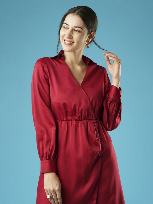 Globus Women Maroon Shirt Collar With V Cut Cuffed Sleeves Gathered & Button Detail Workwear Wrap Dress