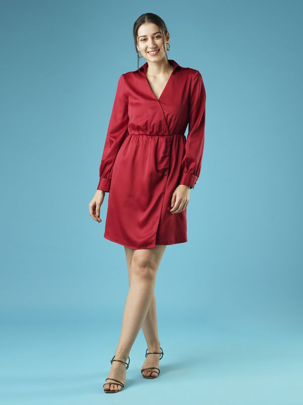 Globus Women Maroon Shirt Collar With V Cut Cuffed Sleeves Gathered & Button Detail Workwear Wrap Dress