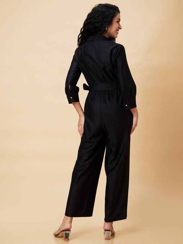 Globus Women Black Notched Lapel Cuffed Sleeves Waist Tie-Up Party Jumpsuit