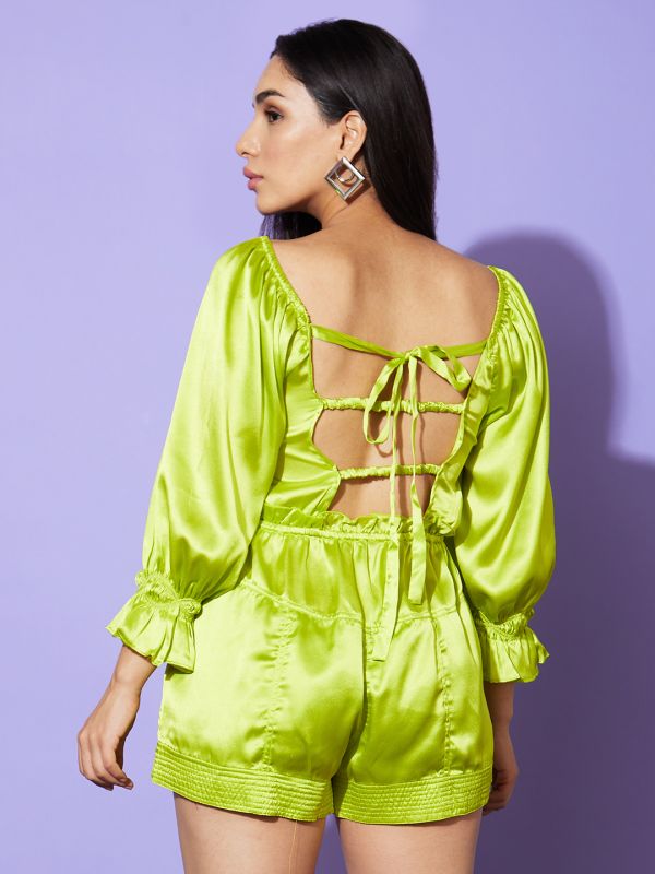 Globus Women Lime Solid Square Neck Party Jumpsuit