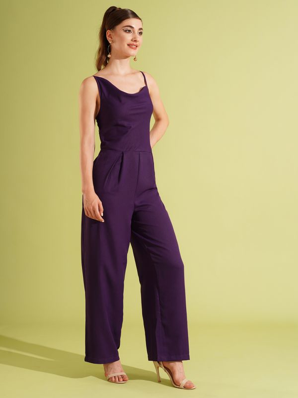 Globus Women Purple Cowl Neck Strappy Shoulder Stylised Back Long Wide Leg Party Jumpsuit.