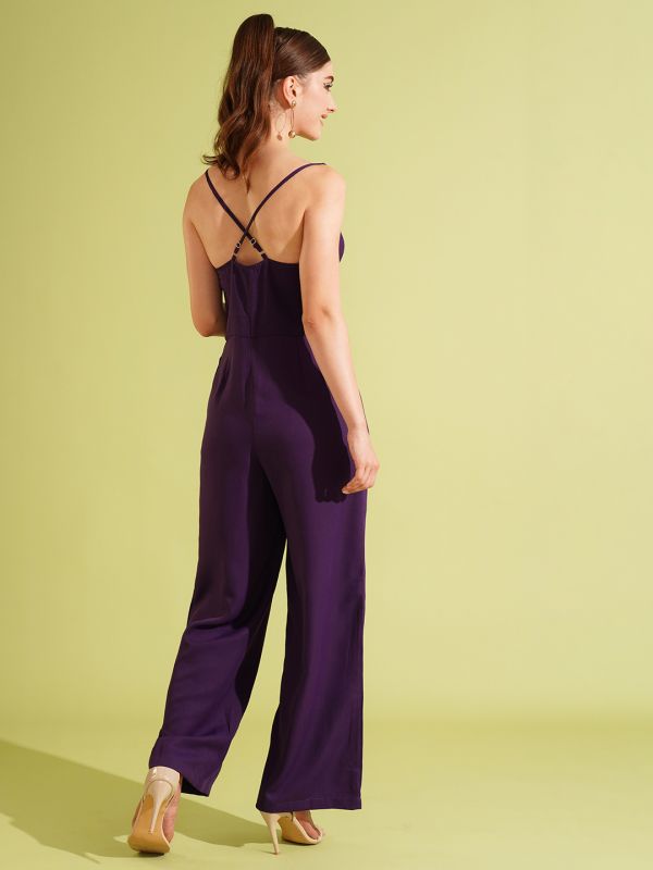 Globus Women Purple Cowl Neck Strappy Shoulder Stylised Back Long Wide Leg Party Jumpsuit.