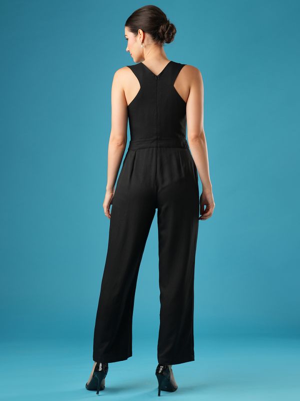 Globus Women Black V-Neck Stylised Back Wide Leg Workwear Jumpsuit