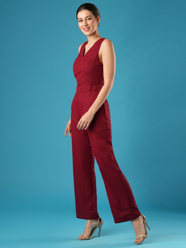 Globus Women Maroon V-Neck Stylised Back Wide Leg Workwear Jumpsuit