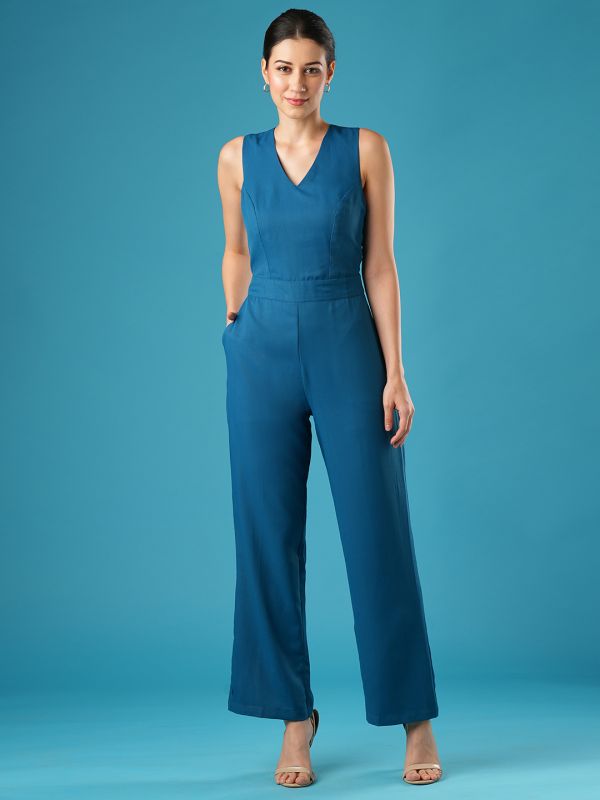 Globus Women Teal V-Neck Stylised Back Wide Leg Workwear Jumpsuit