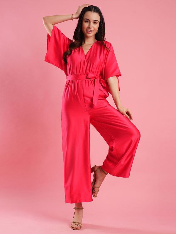 Globus Women Pink V-Neck Kimono Style Extended Sleeves Waist Tie-Up Wide Leg Workwear Jumpsuit