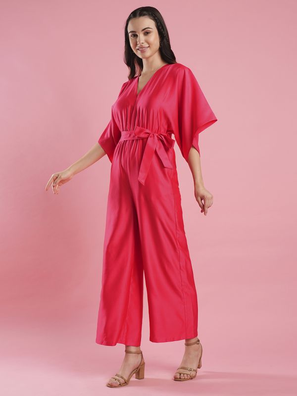 Globus Women Pink V-Neck Kimono Style Extended Sleeves Waist Tie-Up Wide Leg Workwear Jumpsuit