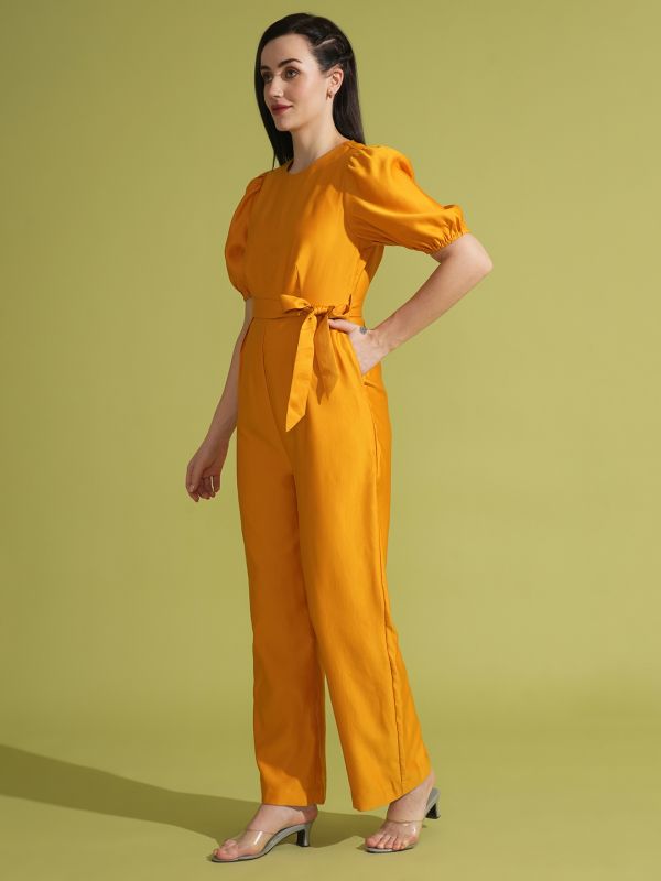 Globus Women Yellow Solid Round Neck Puff Sleeve Waist Tie-Up Party Jumpsuit