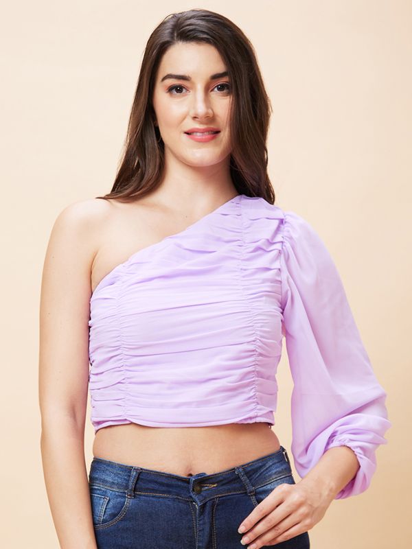 Globus Women Lavender Solid One Shoulder Pleated Party Crop Top