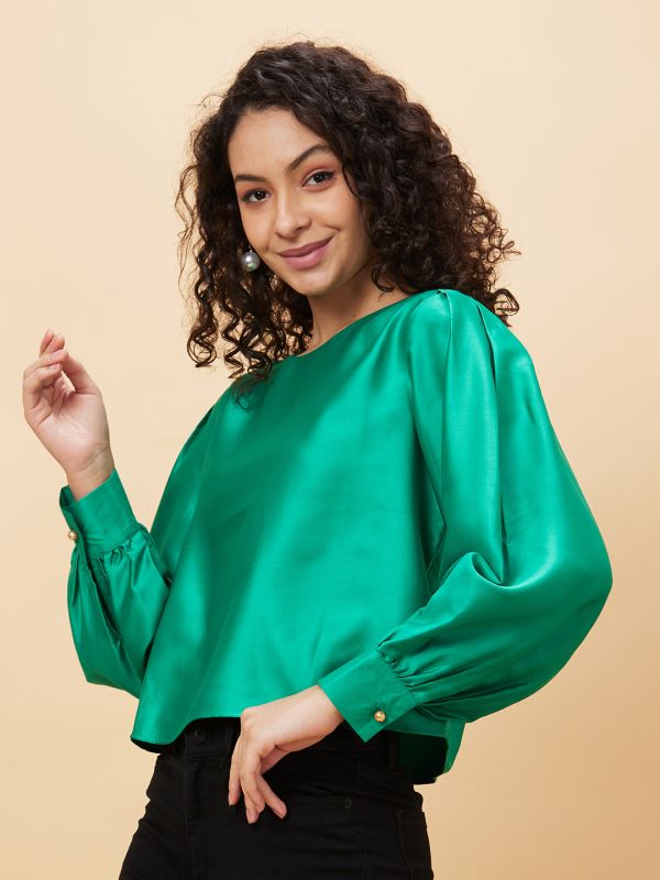 Globus Women Green Solid Round Neck Party Top