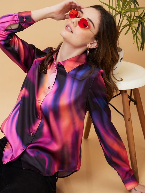 Globus Women Multi Galaxy Print Cuffed Sleeves Shirt Style Party Top