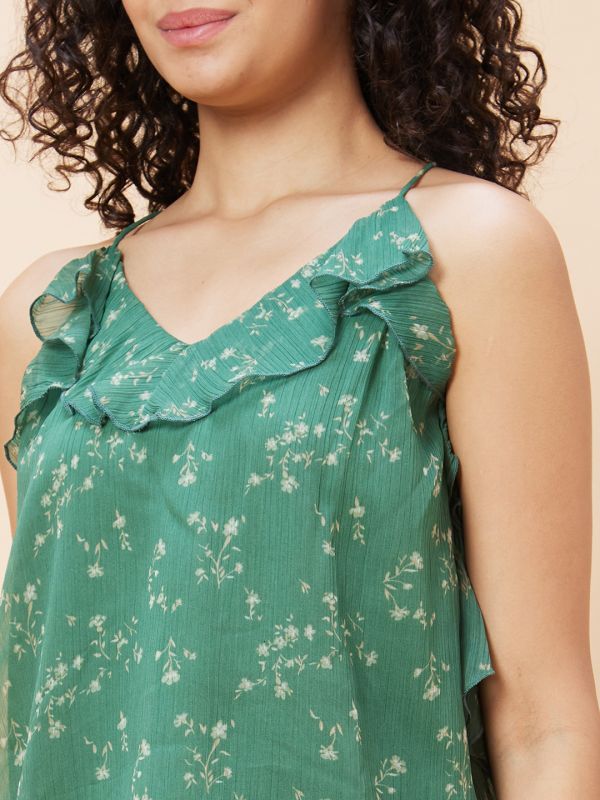 Globus Women Green Floral Print Strappy V-Neck Ruffle Detailed Party Top
