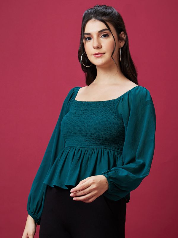 Globus Women Teal Solid Smocked Balloon Sleeves Peplum Top