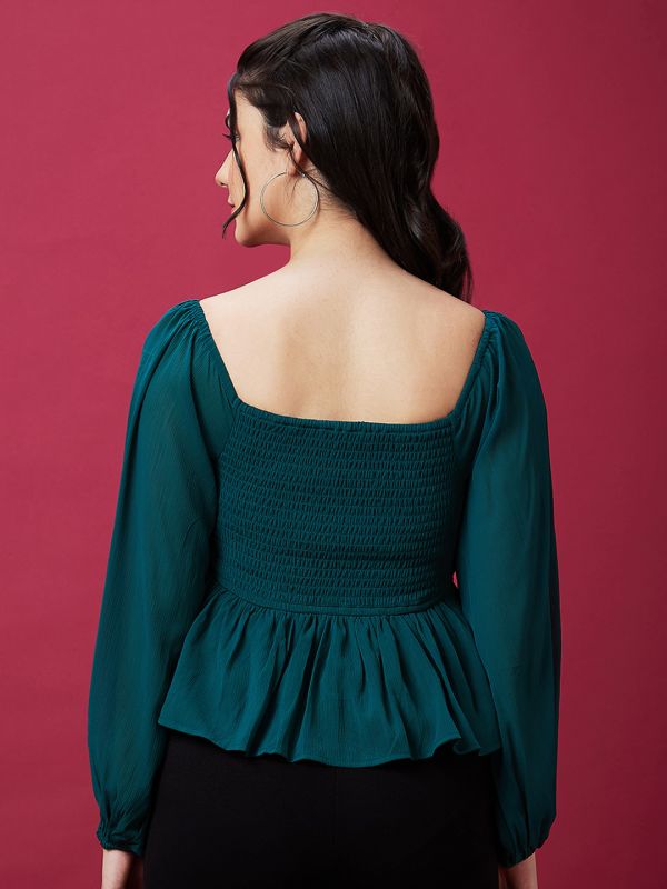 Globus Women Teal Solid Smocked Balloon Sleeves Peplum Top