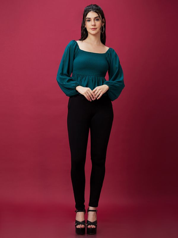 Globus Women Teal Solid Smocked Balloon Sleeves Peplum Top