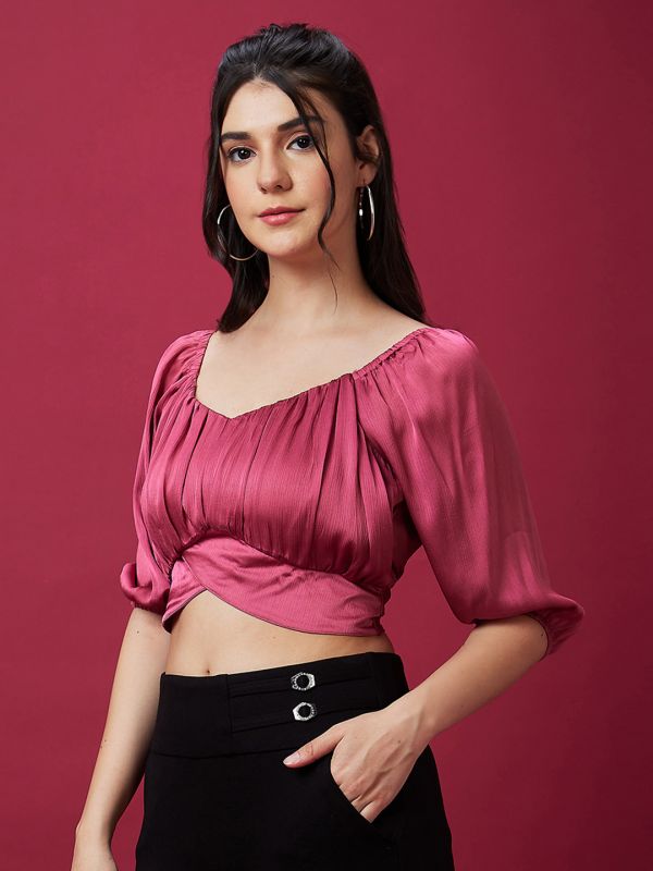 Globus Women Pink Solid Back Tie-Up Party Crop Top