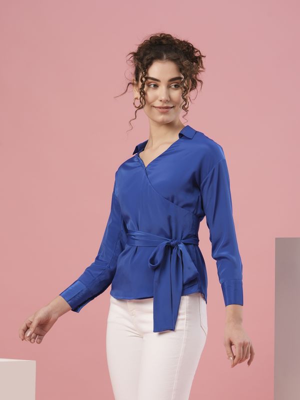 Globus Women Blue Shirt Collar Cuffed Sleeves Party Top