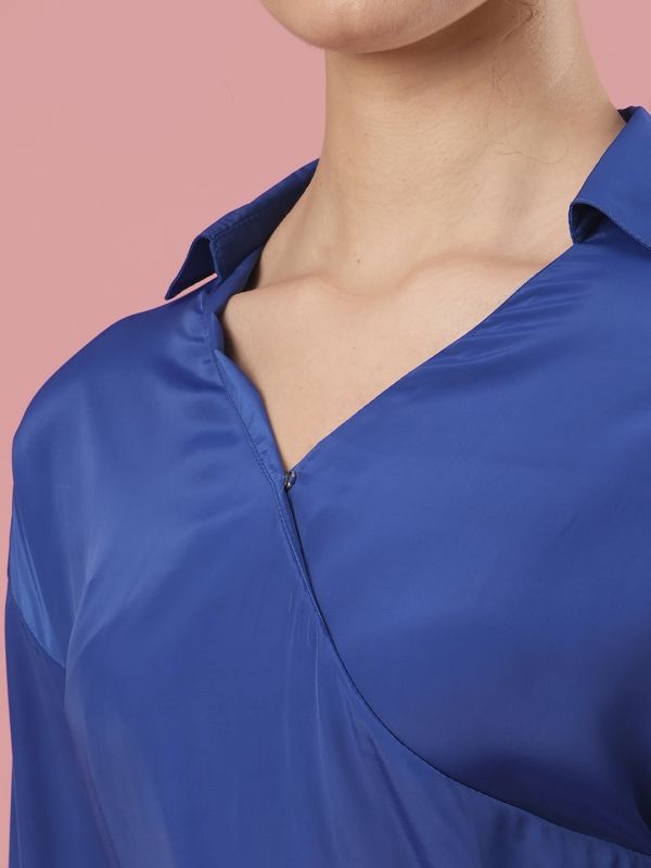 Globus Women Blue Shirt Collar Cuffed Sleeves Party Top