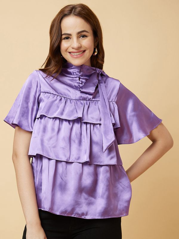 Globus Women Purple Tiered Flare Sleeves Tie-Up Neck Party Top