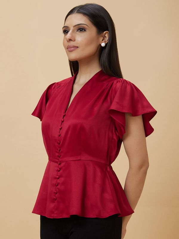 Globus Women Red V Neck Flutter Sleeve Peplum Party Top