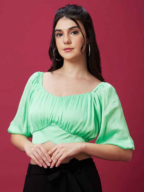 Globus Women Green Solid Back Tie-Up Party Crop Top