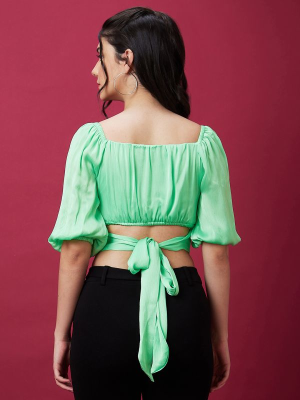 Globus Women Green Solid Back Tie-Up Party Crop Top