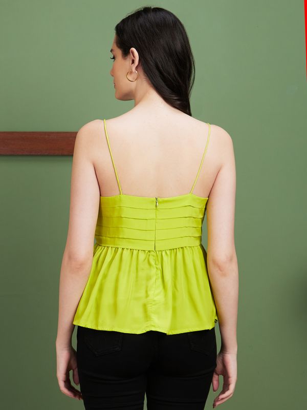 Globus Women Green Solid Polyester Shoulder Straps Party Peplum Top