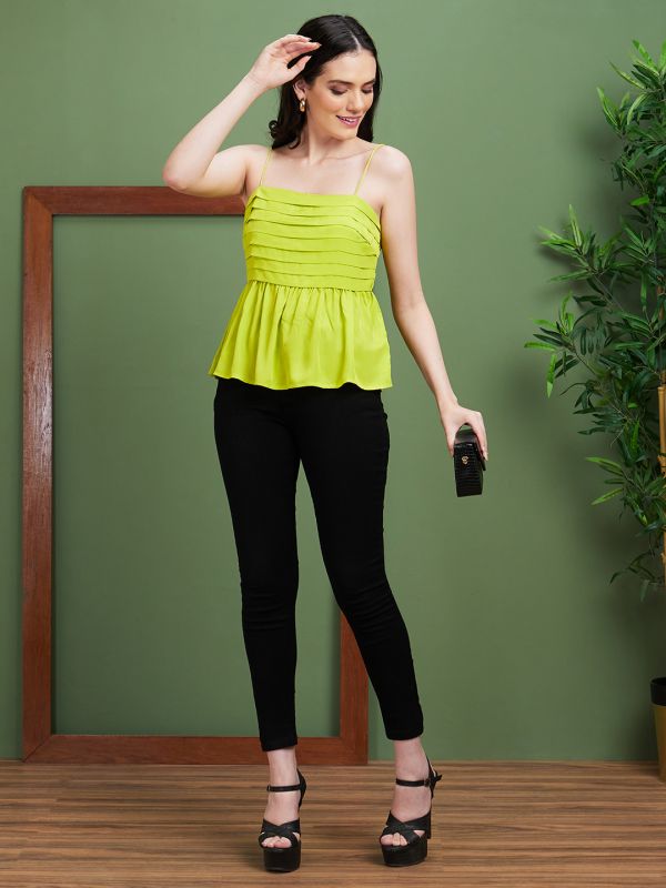 Globus Women Green Solid Polyester Shoulder Straps Party Peplum Top