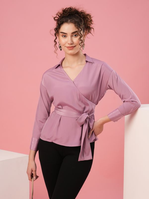 Globus Women Mauve Shirt Collar Cuffed Sleeves Party Top