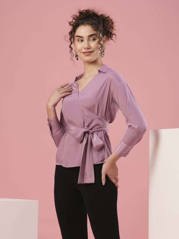 Globus Women Mauve Shirt Collar Cuffed Sleeves Party Top