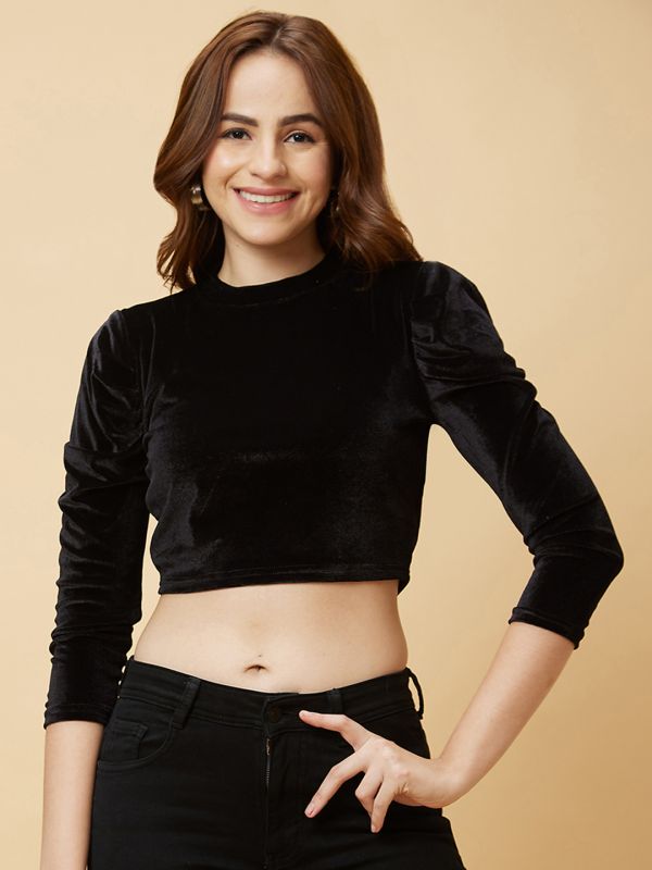 Globus Women Black Crew Neck Fitted Velvet Party Crop Top