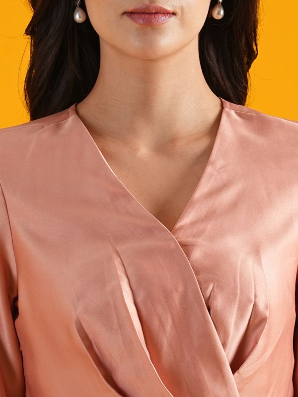 Globus Women Pink V-Neck Long Cuffed Sleeves Pleated Satin Workwear Wrap Top