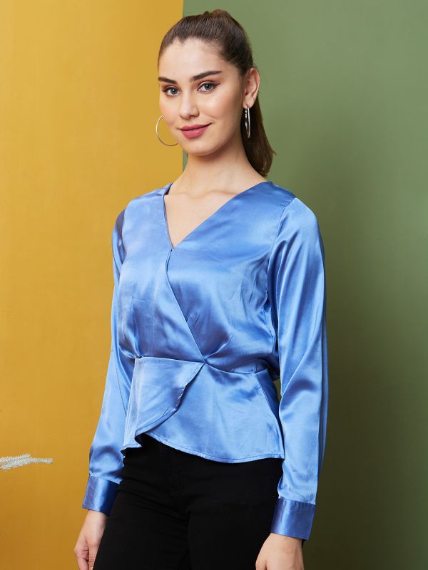 Globus Women Blue Solid Party V-Neck Wrap Top