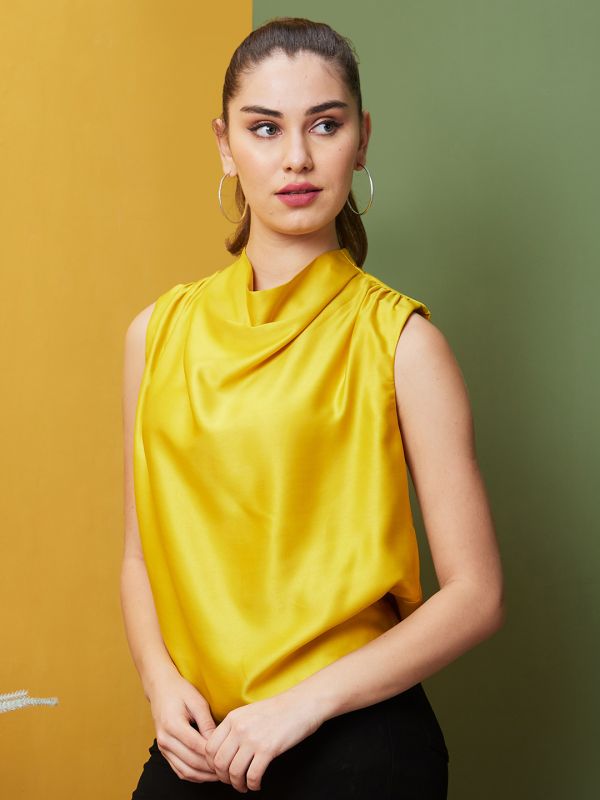 Globus Women Yellow Cowl Neck Gathered Shoulder Satin Party Top