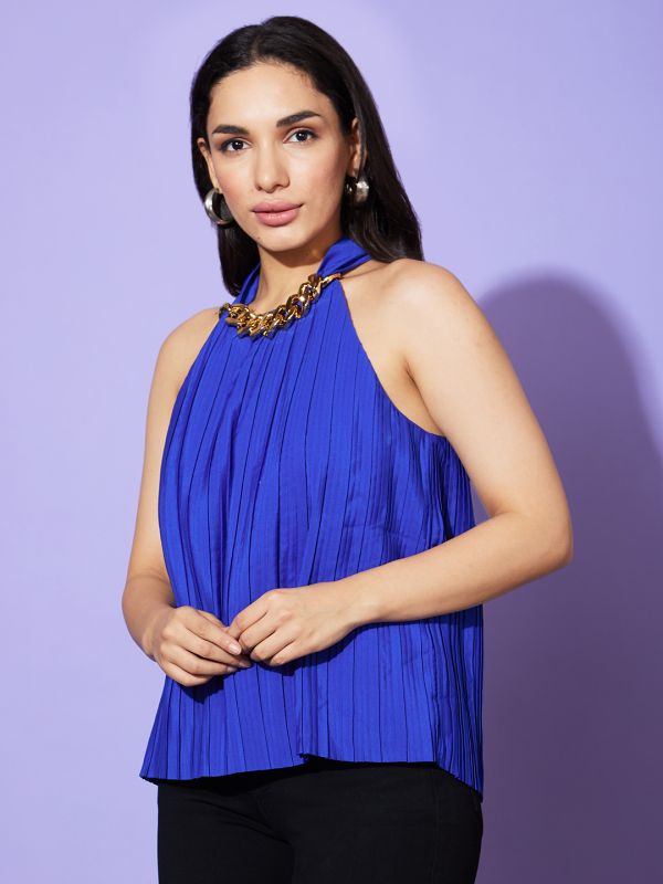 Globus Women Blue Solid Halter Neck Party Top