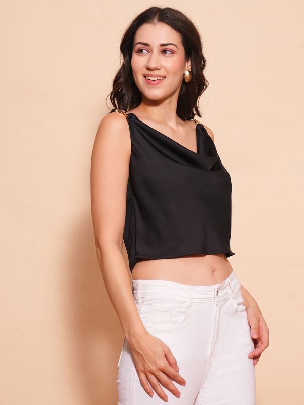 Globus Women Black Cowl Neck Party Crop Top With Metal Buckle Strap