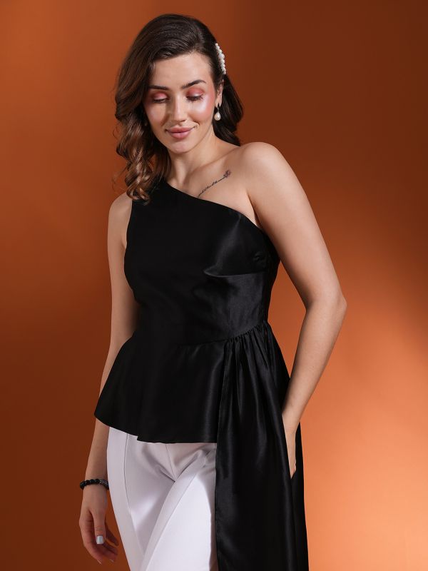 Globus Women Black One Shoulder Waist Style Satin Peplum Party Top