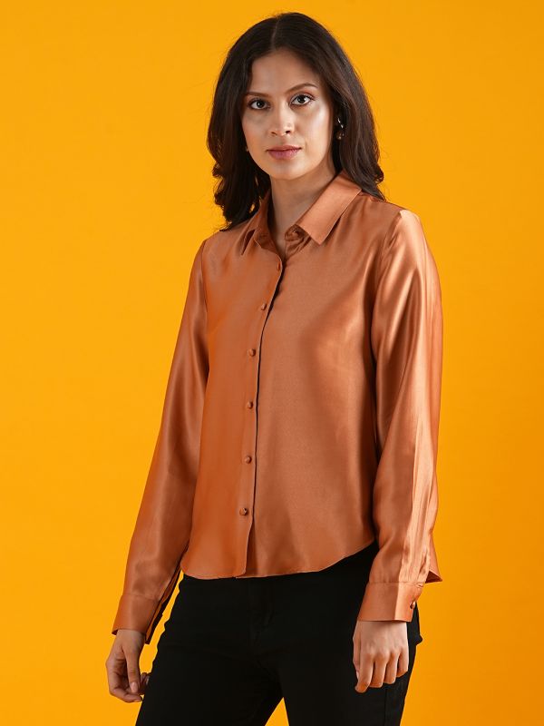 Globus Women Peach Spread Collar Cuffed Sleeves Curved Hem Shirt Style Workwear Top