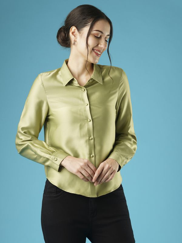 Globus Women Green Solid Satin Collar Shirt Style Workwear Top