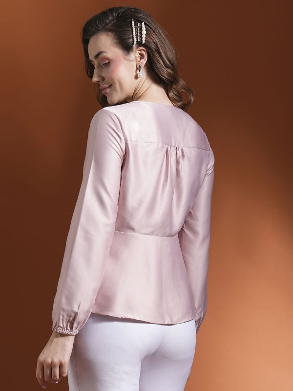 Globus Women Pink V-Neck Bishops Sleeves Satin Peplum WorkwearTop