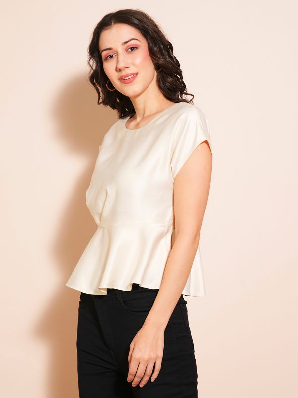 Globus Women White Round Neck Short Sleeve Satin Peplum Top