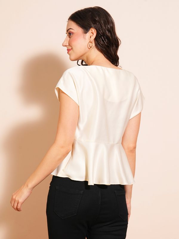 Globus Women White Round Neck Short Sleeve Satin Peplum Top