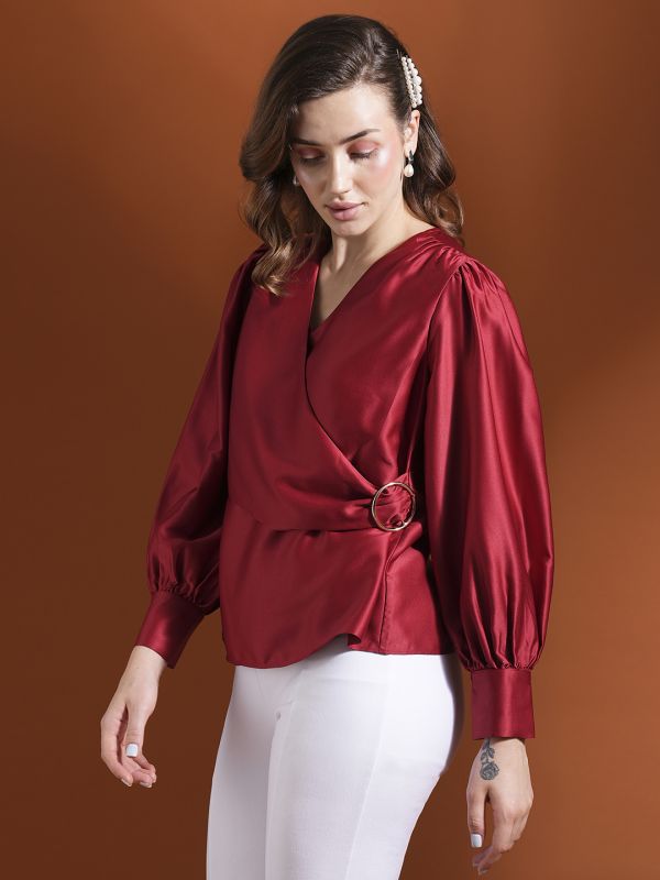 Globus Women Maroon Wrap V-Neck Bishop Cuffed Sleeves Satin Workwear Top