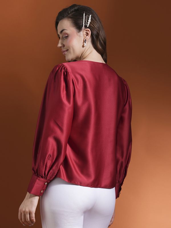 Globus Women Maroon Wrap V-Neck Bishop Cuffed Sleeves Satin Workwear Top