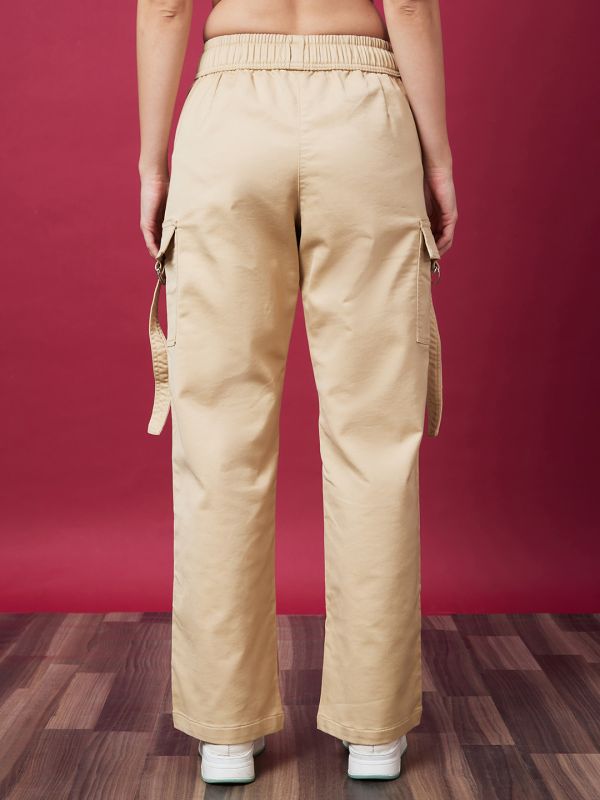 Globus Women Beige Mid-Rise Elasticated Drawstring Waist Straight Fit Cargo Trousers