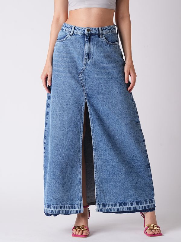 Globus Women Light Blue Front Slit Fringed A-Line Maxi Denim Skirt