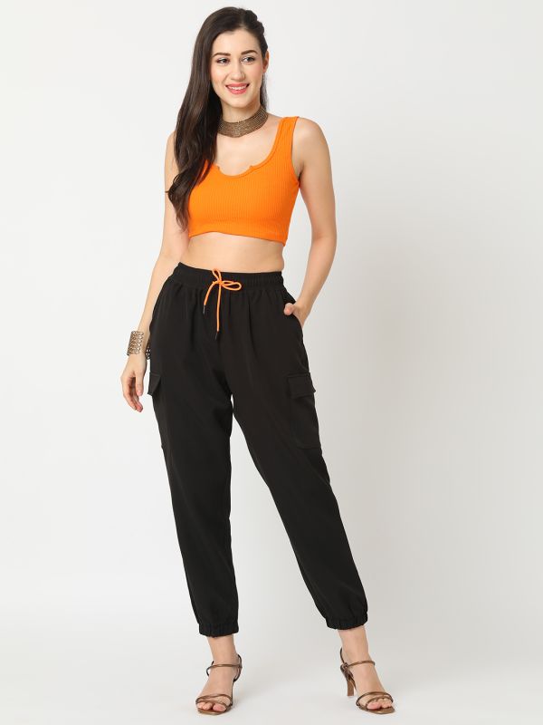 Globus Women Black Stretchable Cargo Jogger With Neon Orange Drawstring