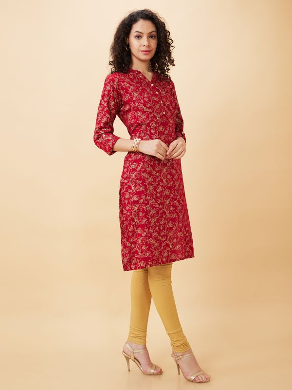 Globus Women Red Printed Mandarin Collar Straight Kurta