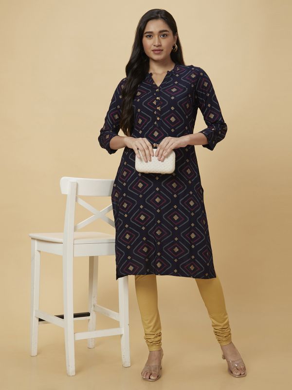 Globus Women Blue Printed Straight Kurta