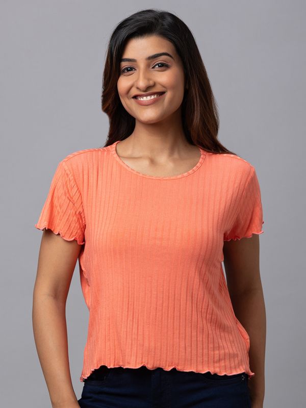 Globus Women Coral Solid Round Neck Casual Regular Fit Crop Tshirt